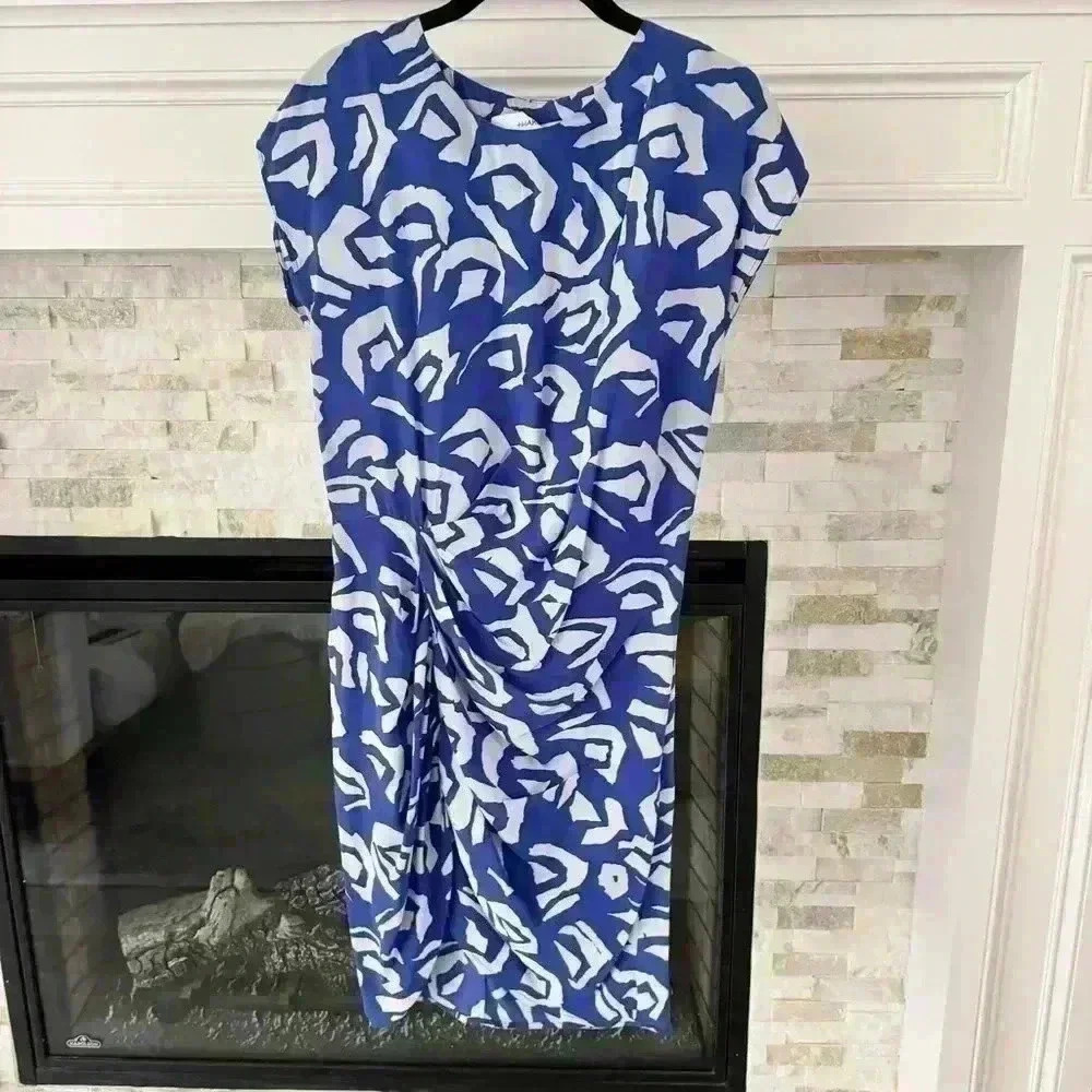 Thakoon Blue White Abstract Silk Dress Size 2 / US 4-6 Ruched Mini Dress